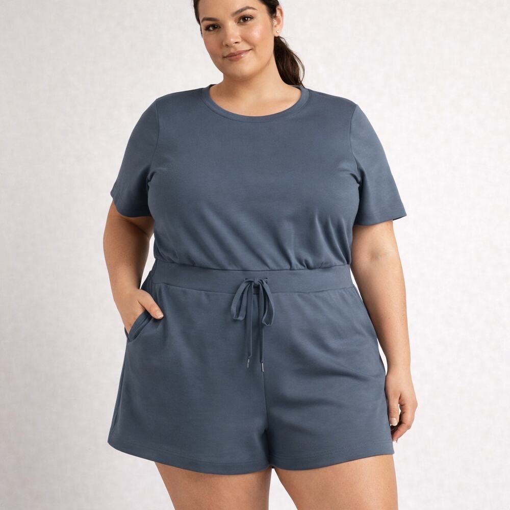 SPANX AirEssentials Romper 3X Storm Blue Short Sleeve Lounge Travel Soft